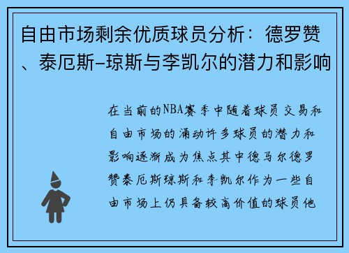 自由市场剩余优质球员分析：德罗赞、泰厄斯-琼斯与李凯尔的潜力和影响