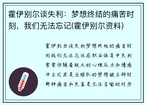 霍伊别尔谈失利：梦想终结的痛苦时刻，我们无法忘记(霍伊别尔资料)