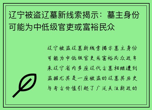 辽宁被盗辽墓新线索揭示：墓主身份可能为中低级官吏或富裕民众