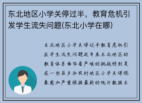 东北地区小学关停过半，教育危机引发学生流失问题(东北小学在哪)