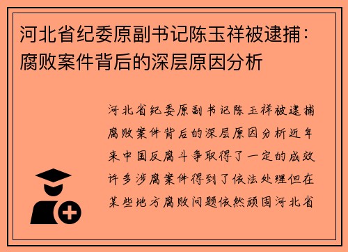 河北省纪委原副书记陈玉祥被逮捕：腐败案件背后的深层原因分析