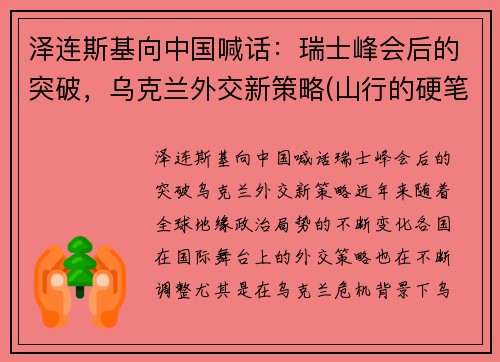 泽连斯基向中国喊话：瑞士峰会后的突破，乌克兰外交新策略(山行的硬笔)